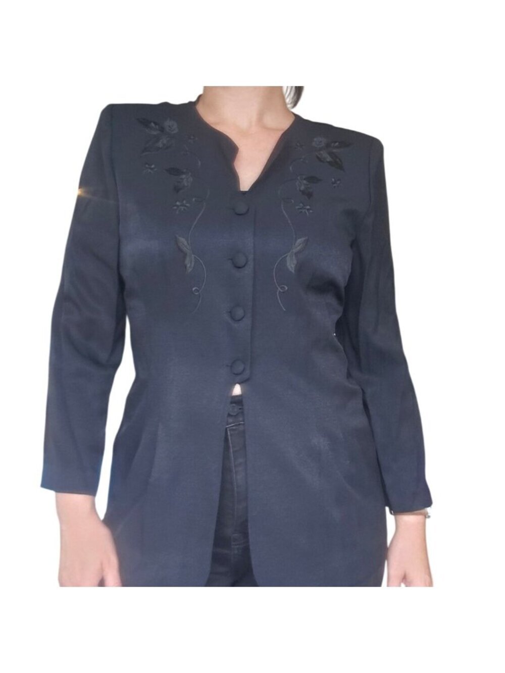 Vintage 80s Petite Sophisticate Black Embroidered Evening Jacket Blouse Size 14P